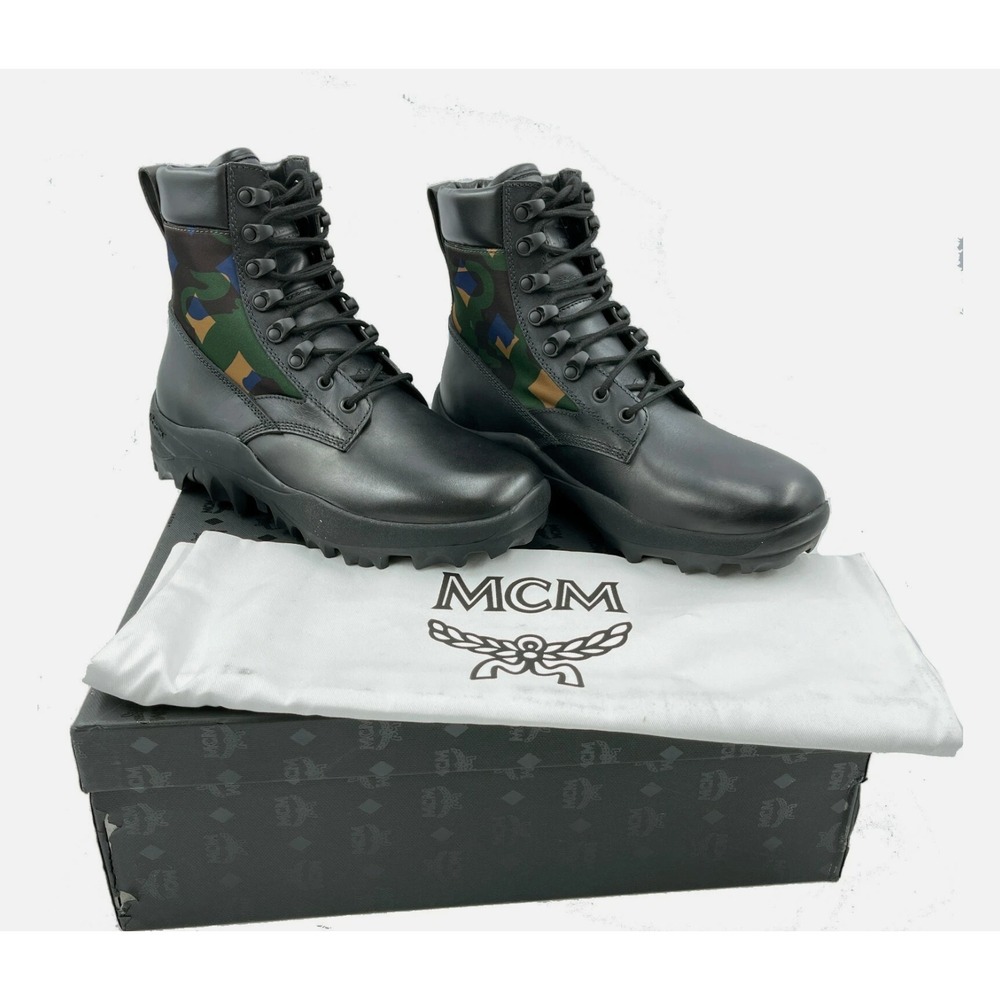 MCM Men's Black Leather Camo Nylon RESNICK Combat Boots Shoes 9AMM80, SZ. 42 - Picture 3 of 12